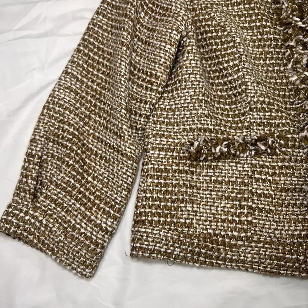 Cabi Phoebe Jacket Size M Brown White Metallic Tweed Fringe Blazer Style 343
